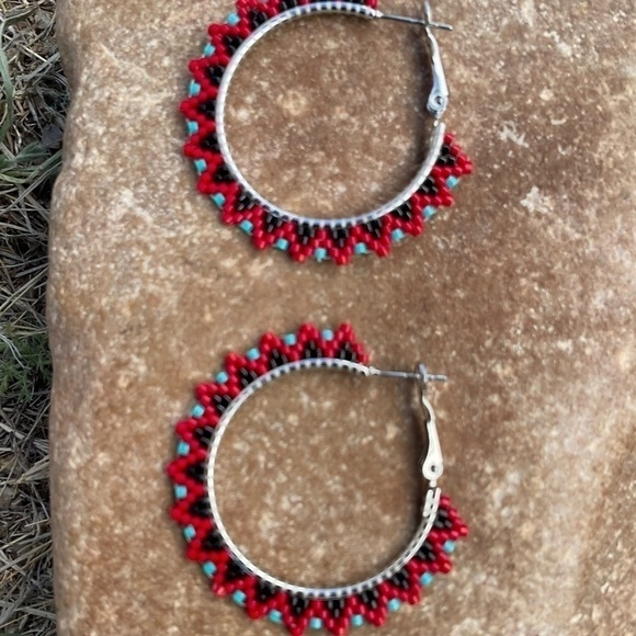 Red and Turquoise Beaded 1 1/4” Hoops, Handmade - Picture 2 of 8